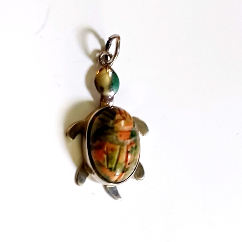 Vintage WRE Sterling Silver Multi-Color Turquoise Turtle Pendant
